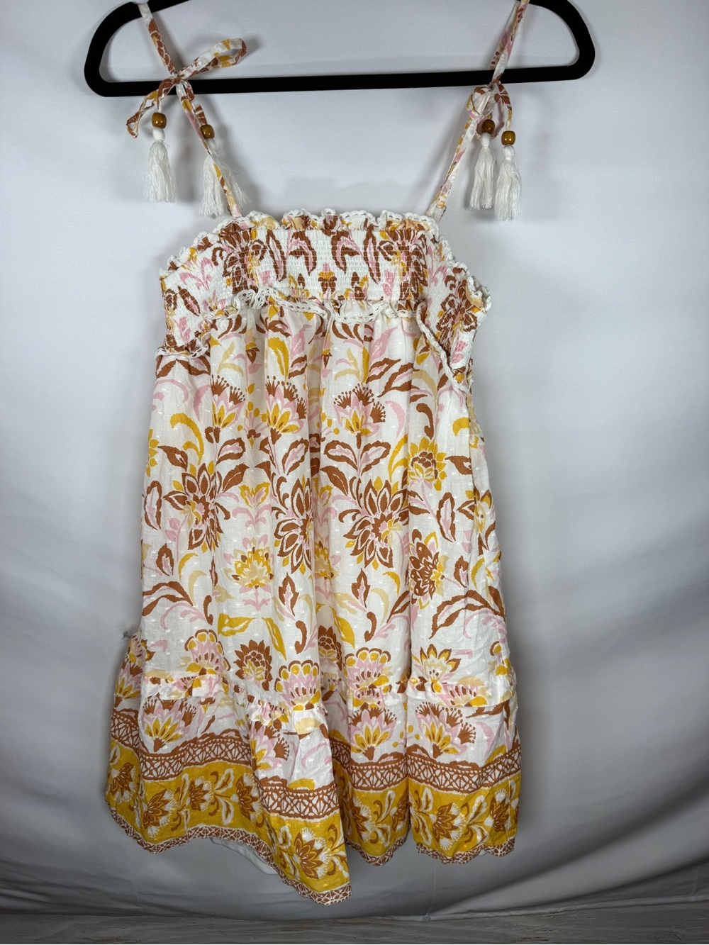Jessica Simpson Women M  Floral Smocked Mini Dress Tassel Straps Cottagecore